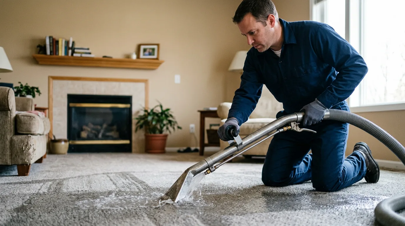 Water damage restoration technician working near Pekin, IN